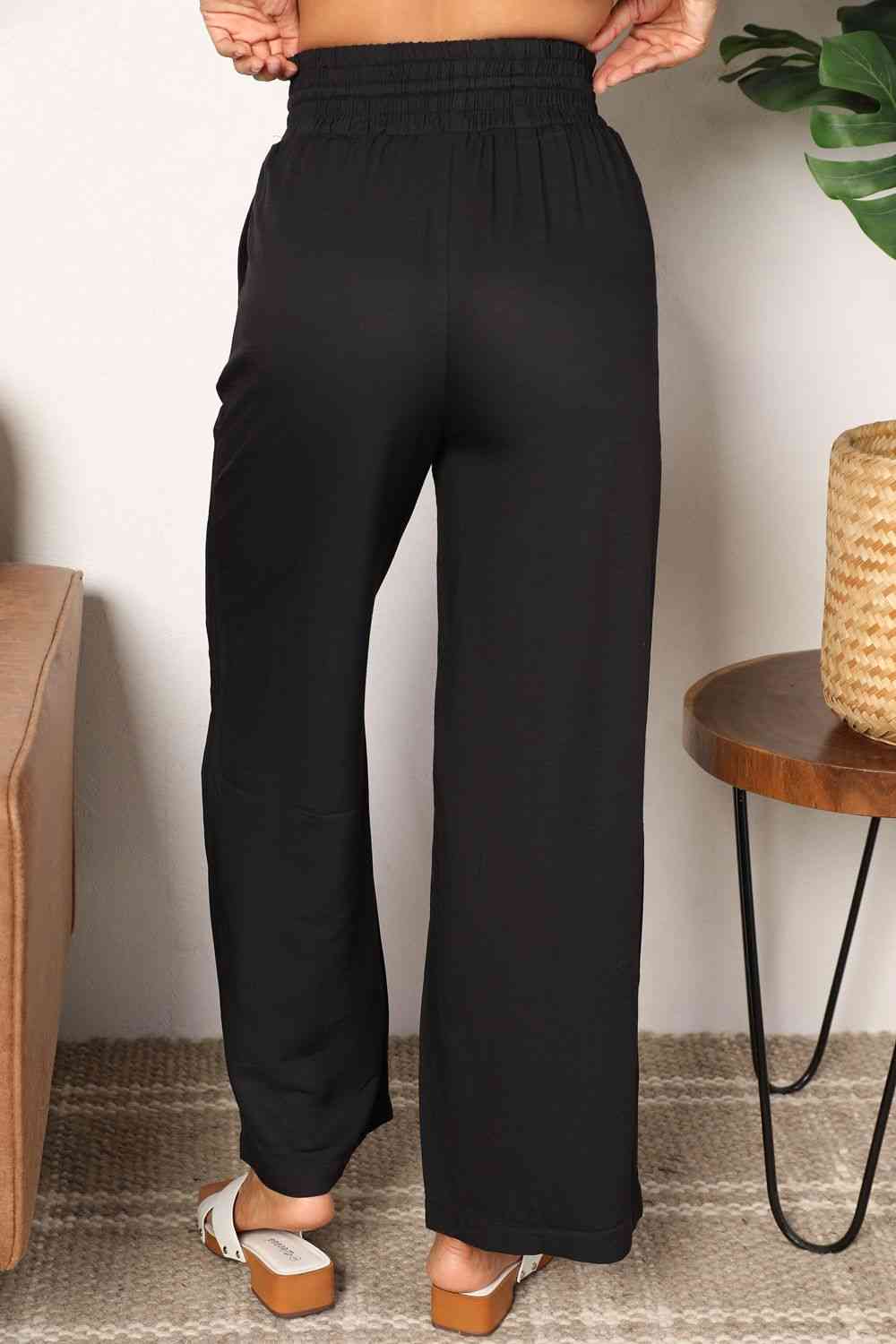 Double Take Drawstring Smocked Waist Wide Leg Pants - Pants - Black - Bella Bourget