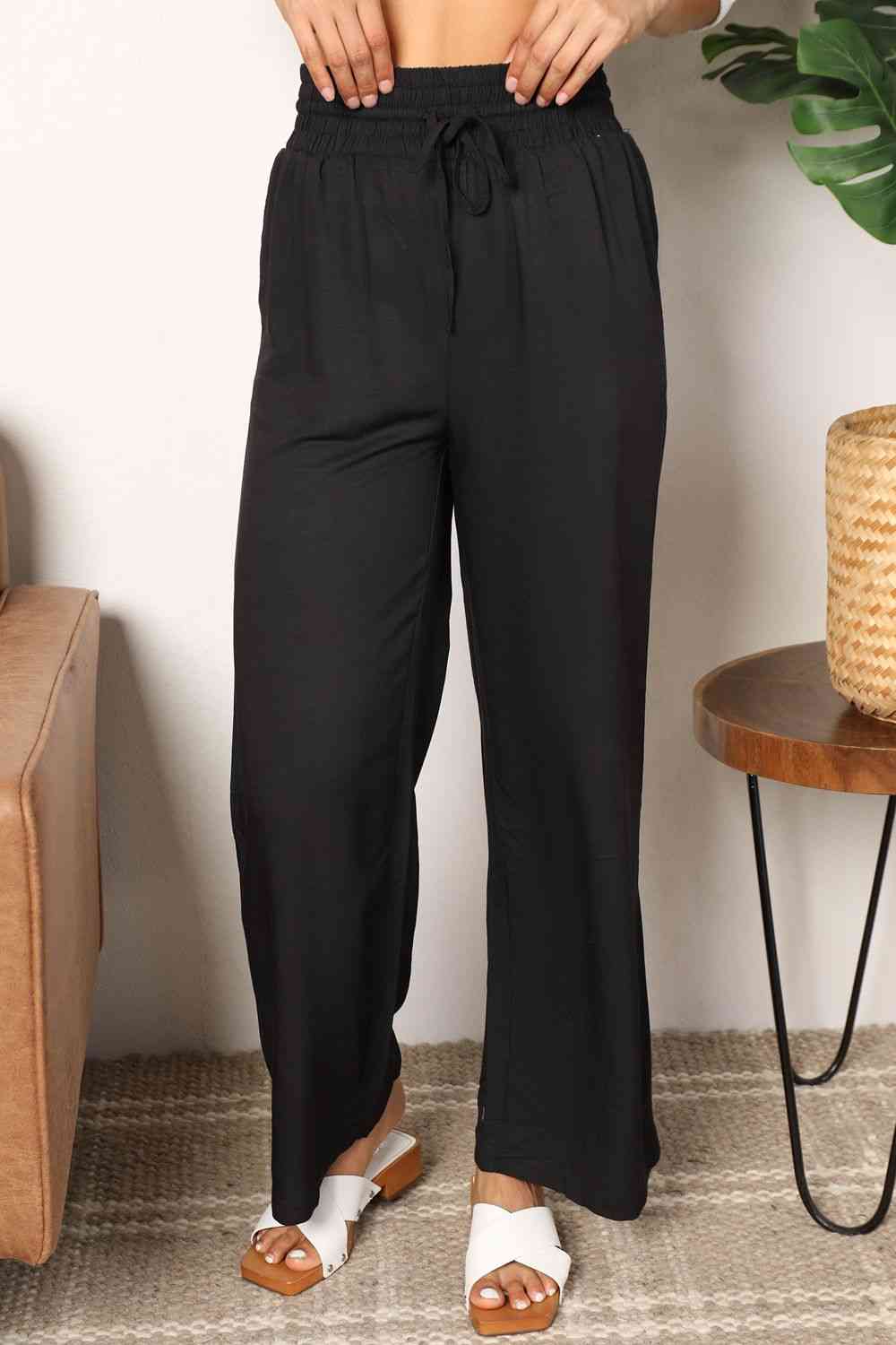 Double Take Drawstring Smocked Waist Wide Leg Pants - Pants - Black - Bella Bourget