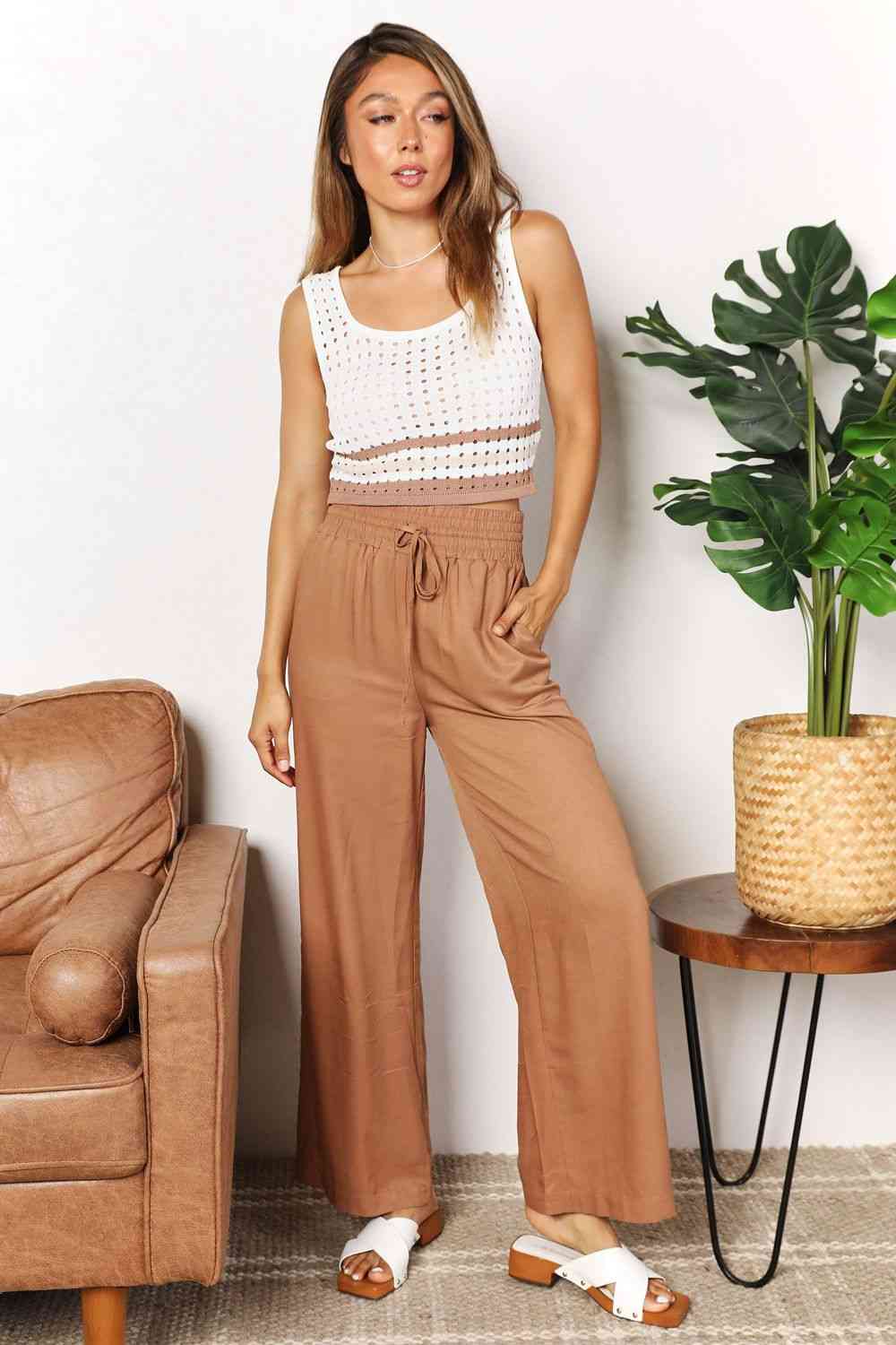 Double Take Drawstring Smocked Waist Wide Leg Pants - Pants - Camel - Bella Bourget