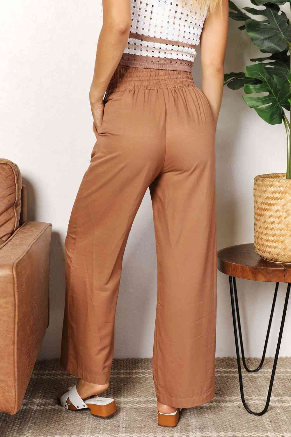 Double Take Drawstring Smocked Waist Wide Leg Pants - Pants - Camel - Bella Bourget