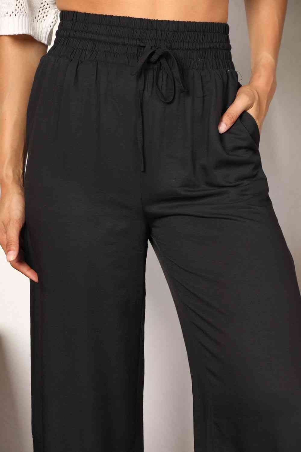 Double Take Drawstring Smocked Waist Wide Leg Pants - Pants - Black - Bella Bourget