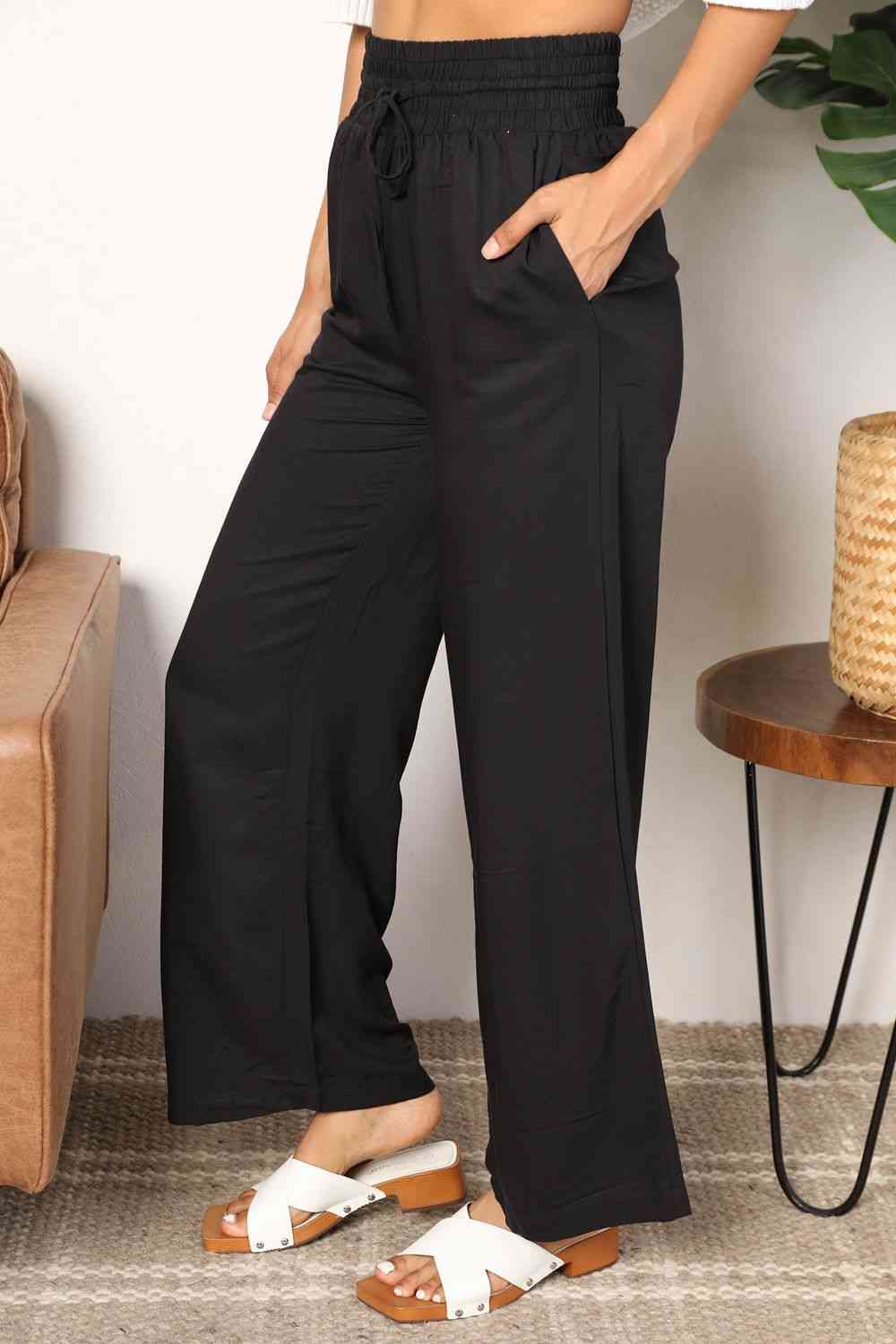 Double Take Drawstring Smocked Waist Wide Leg Pants - Pants - Black - Bella Bourget