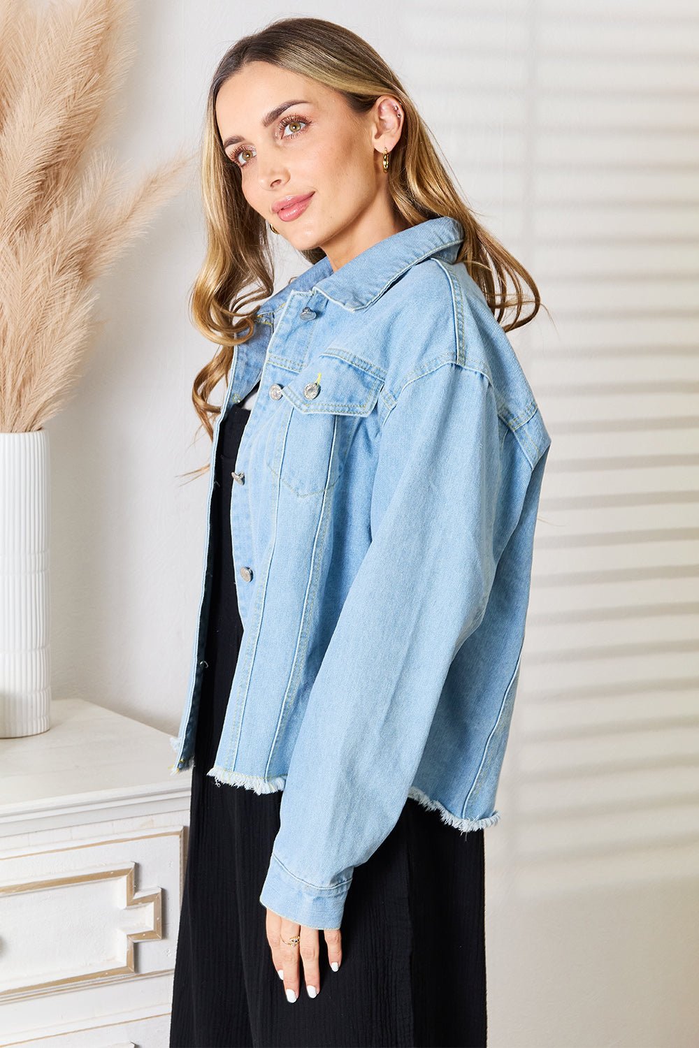 Double Take Dropped Shoulder Raw Hem Denim Jacket - Jacket - Medium - Bella Bourget