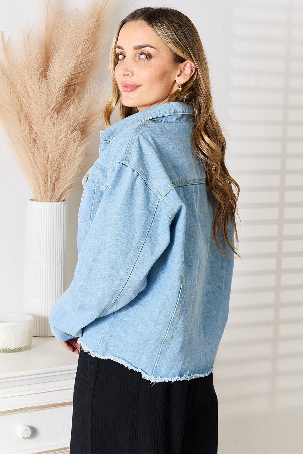 Double Take Dropped Shoulder Raw Hem Denim Jacket - Jacket - Medium - Bella Bourget