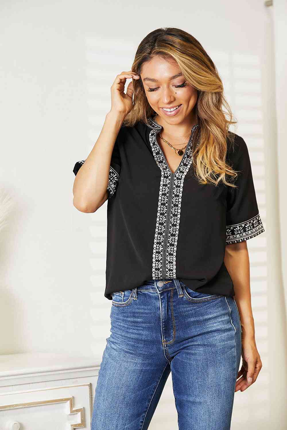 Double Take Embroidered Notched Neck Top - Blouse - Black - Bella Bourget