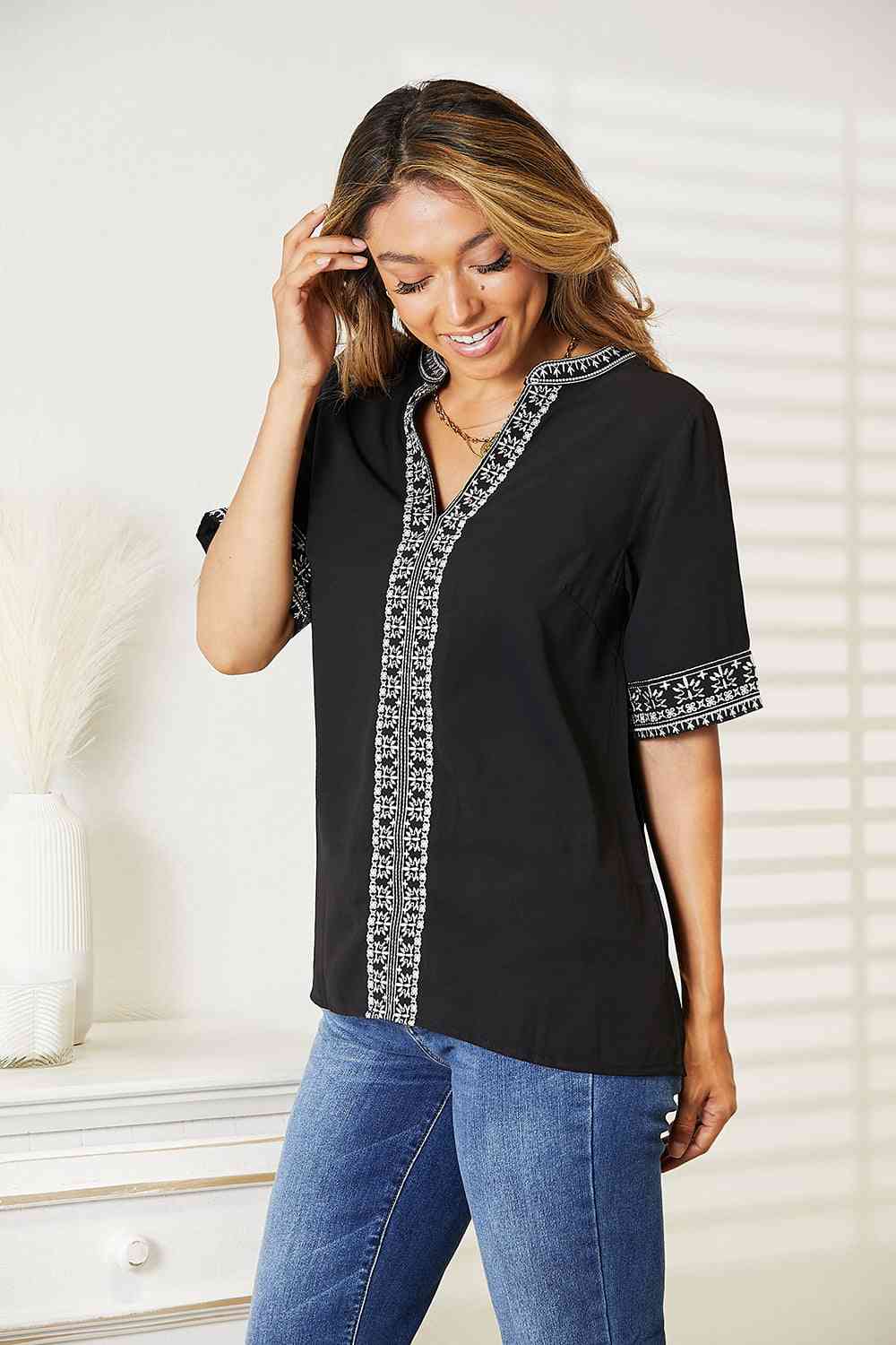 Double Take Embroidered Notched Neck Top - Blouse - Black - Bella Bourget