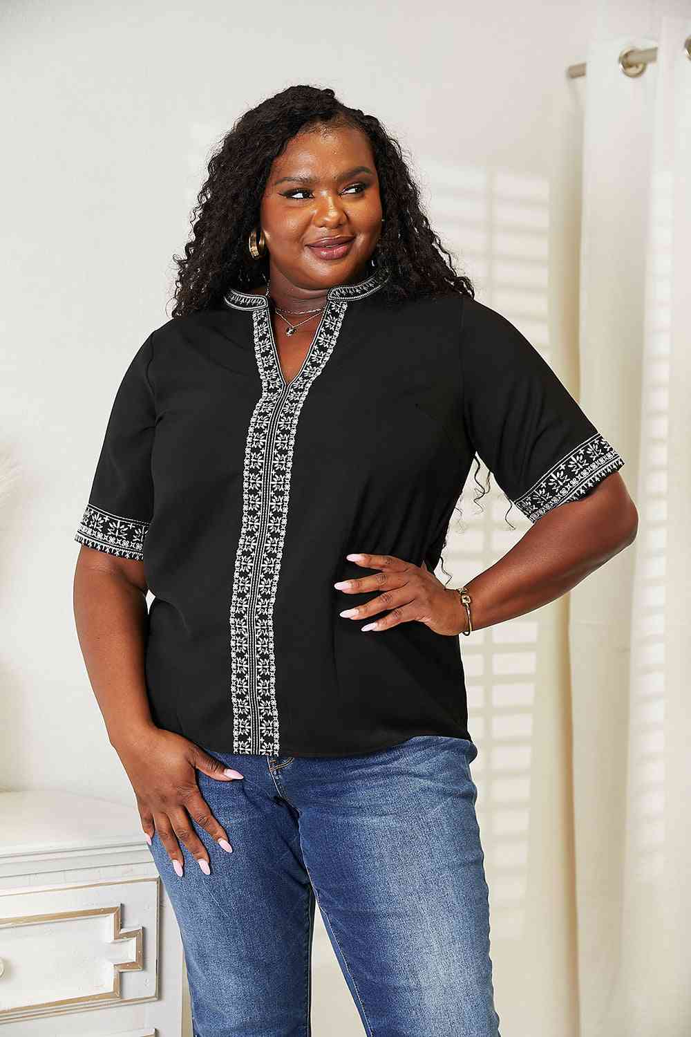 Double Take Embroidered Notched Neck Top - Blouse - Black - Bella Bourget