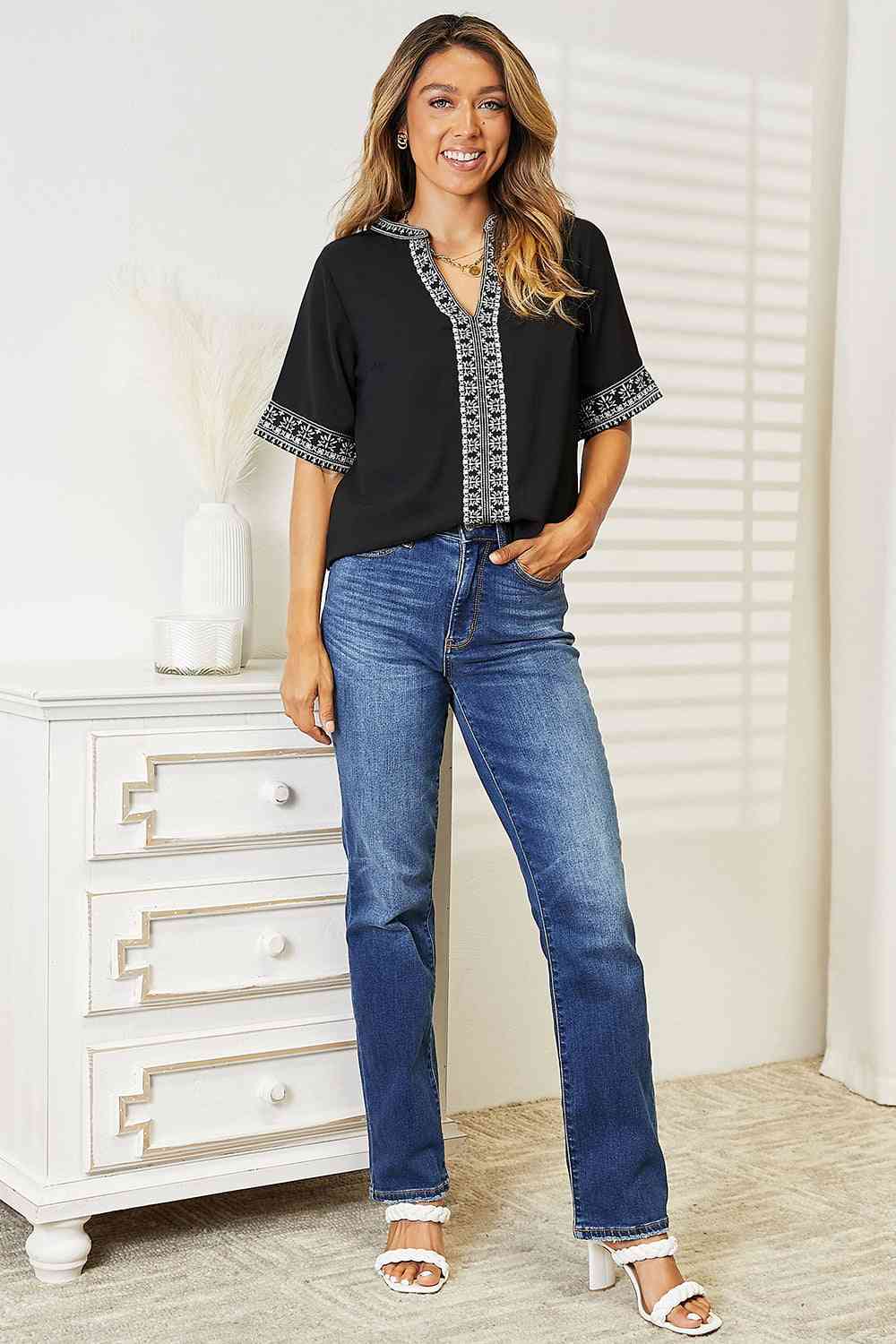 Double Take Embroidered Notched Neck Top - Blouse - Black - Bella Bourget