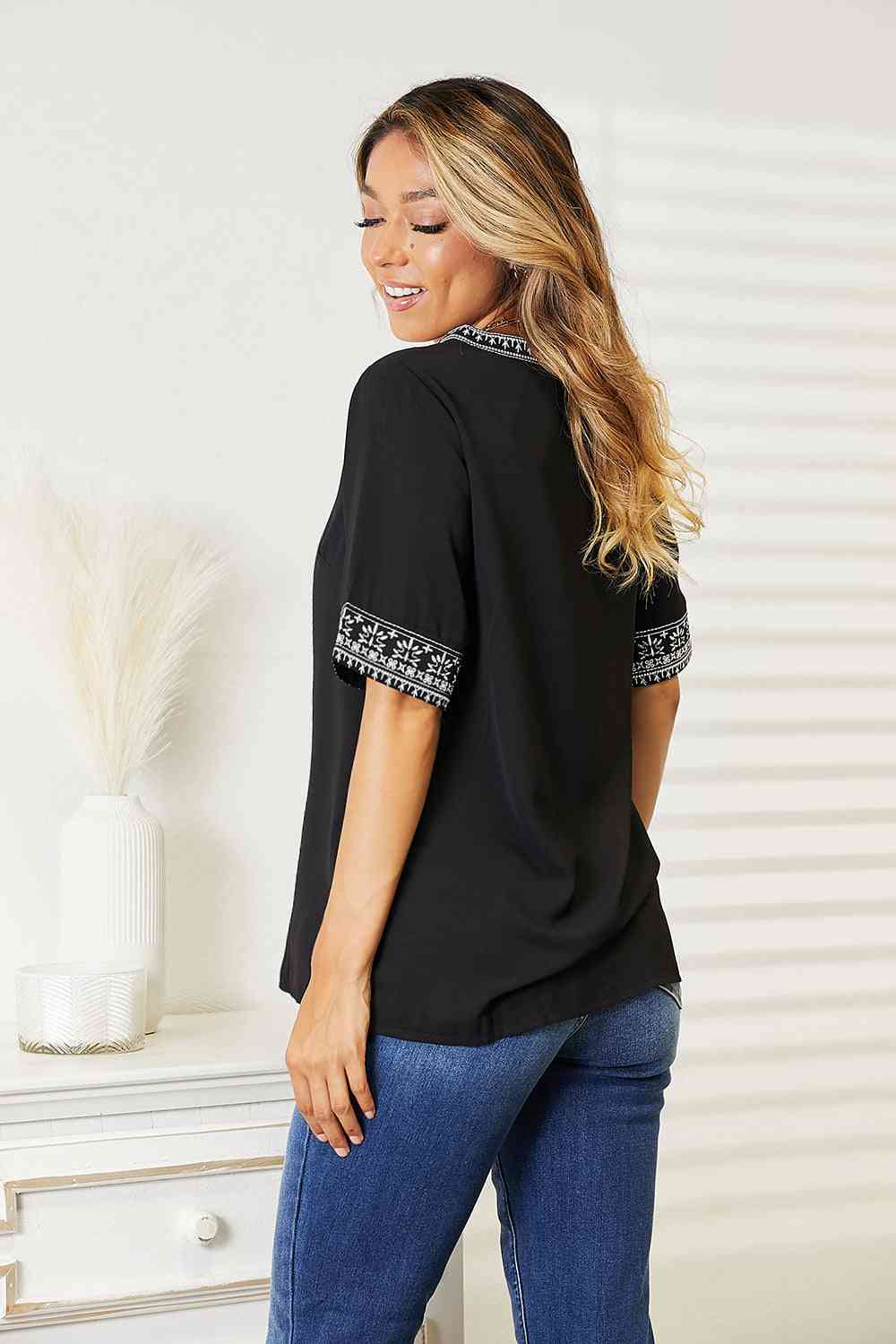 Double Take Embroidered Notched Neck Top - Blouse - Black - Bella Bourget