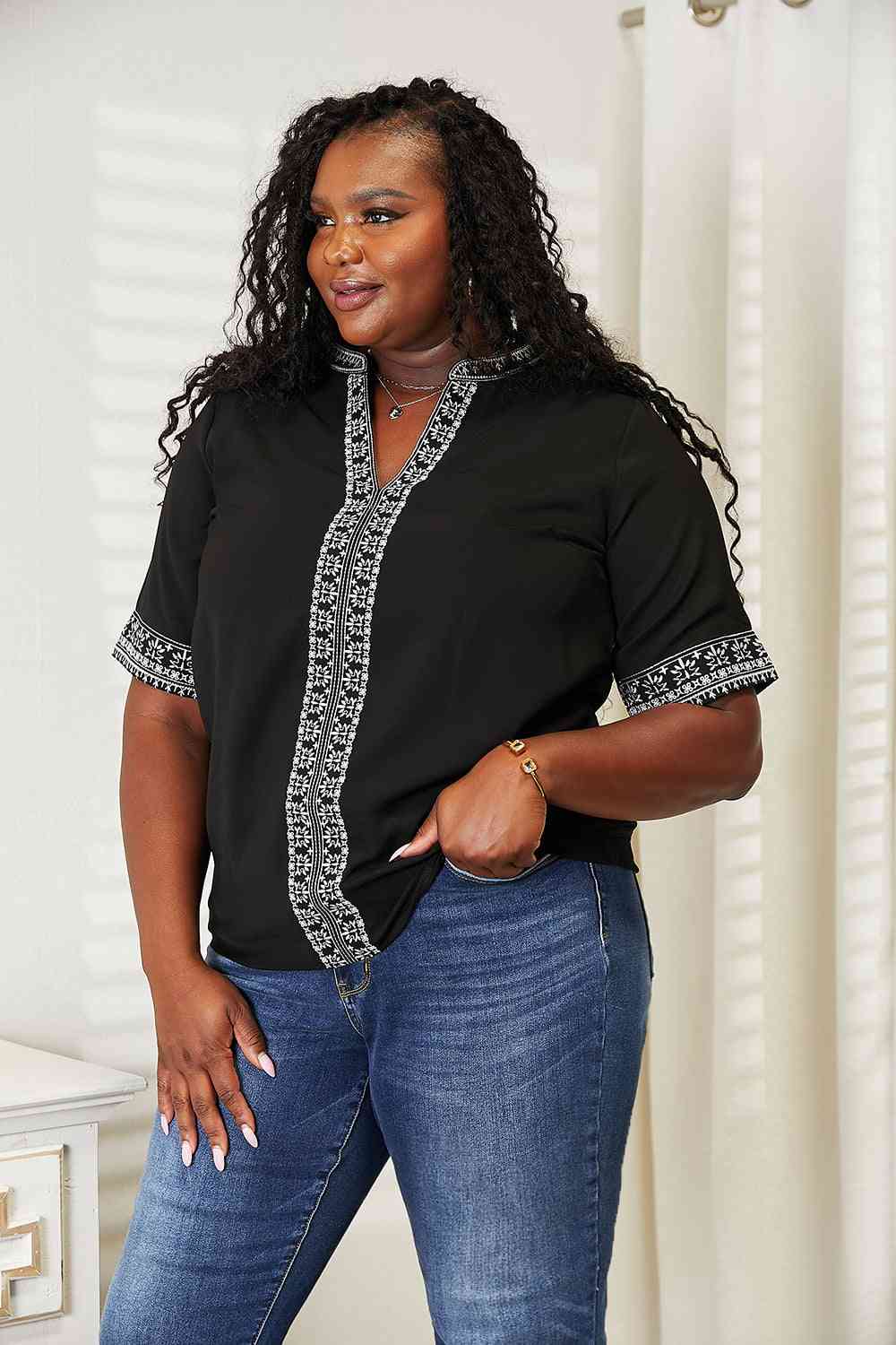 Double Take Embroidered Notched Neck Top - Blouse - Black - Bella Bourget