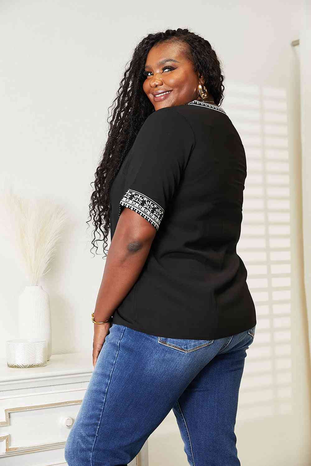 Double Take Embroidered Notched Neck Top - Blouse - Black - Bella Bourget