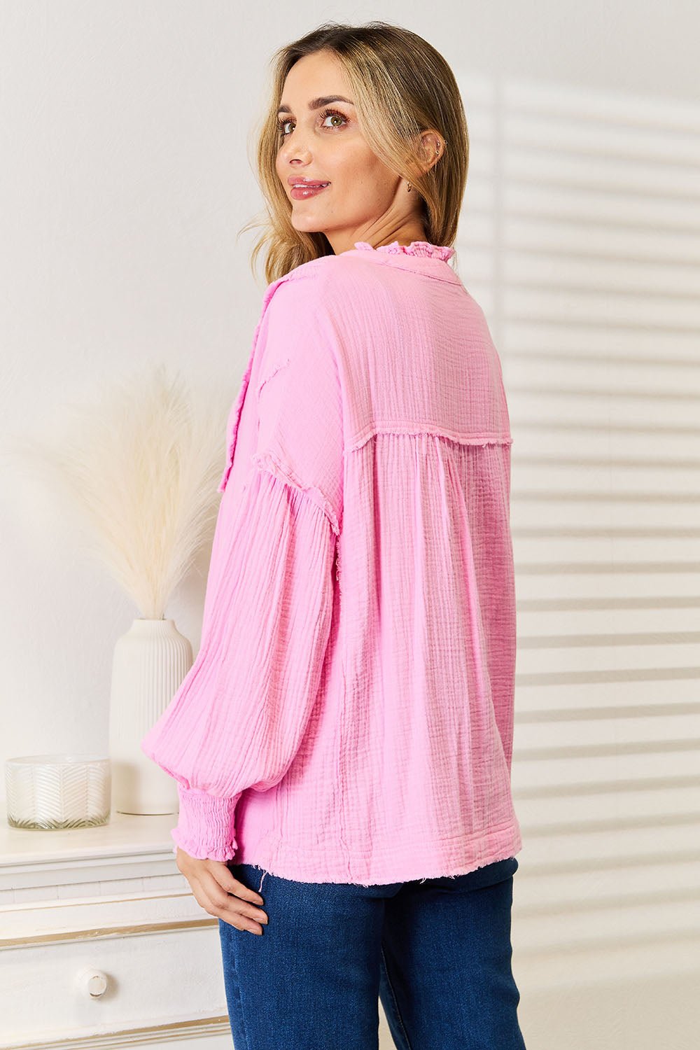 Double Take Exposed Seam Buttoned Notched Neck Blouse - Blouse - Fuchsia Pink - Bella Bourget