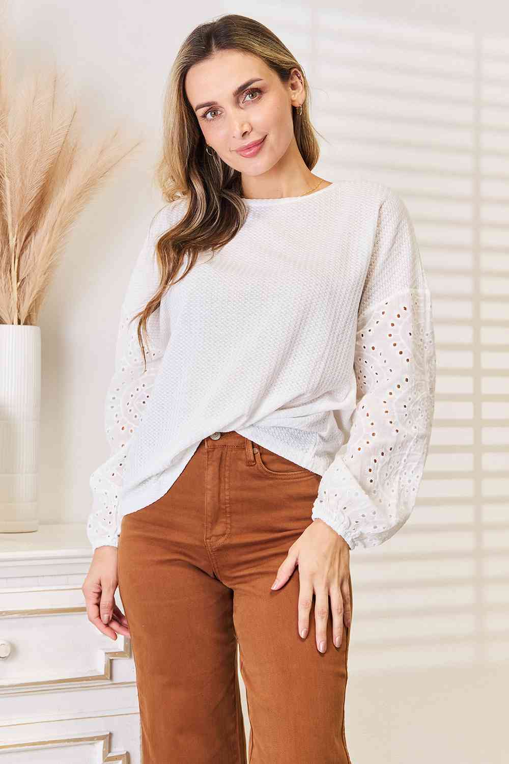 Double Take Eyelet Dropped Shoulder Round Neck Blouse - Blouse - White - Bella Bourget