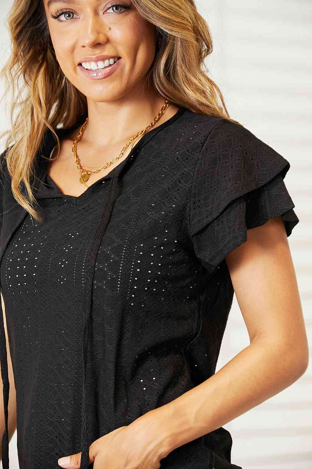 Double Take Eyelet Tie - Neck Flutter Sleeve Blouse - Blouse - Black - Bella Bourget