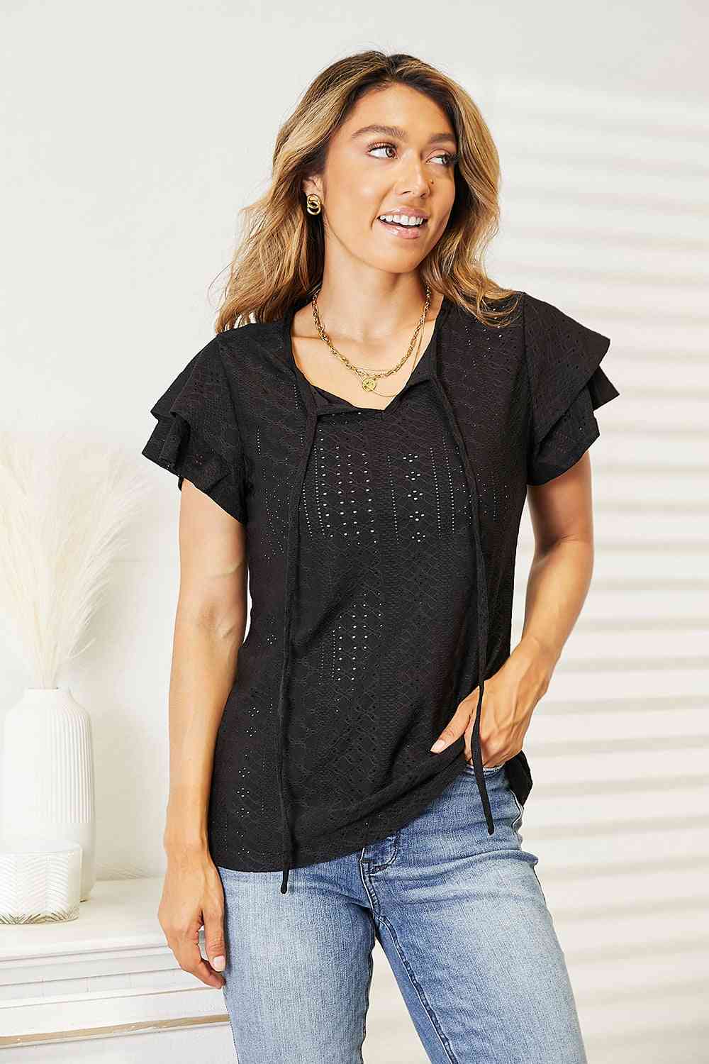 Double Take Eyelet Tie - Neck Flutter Sleeve Blouse - Blouse - Black - Bella Bourget