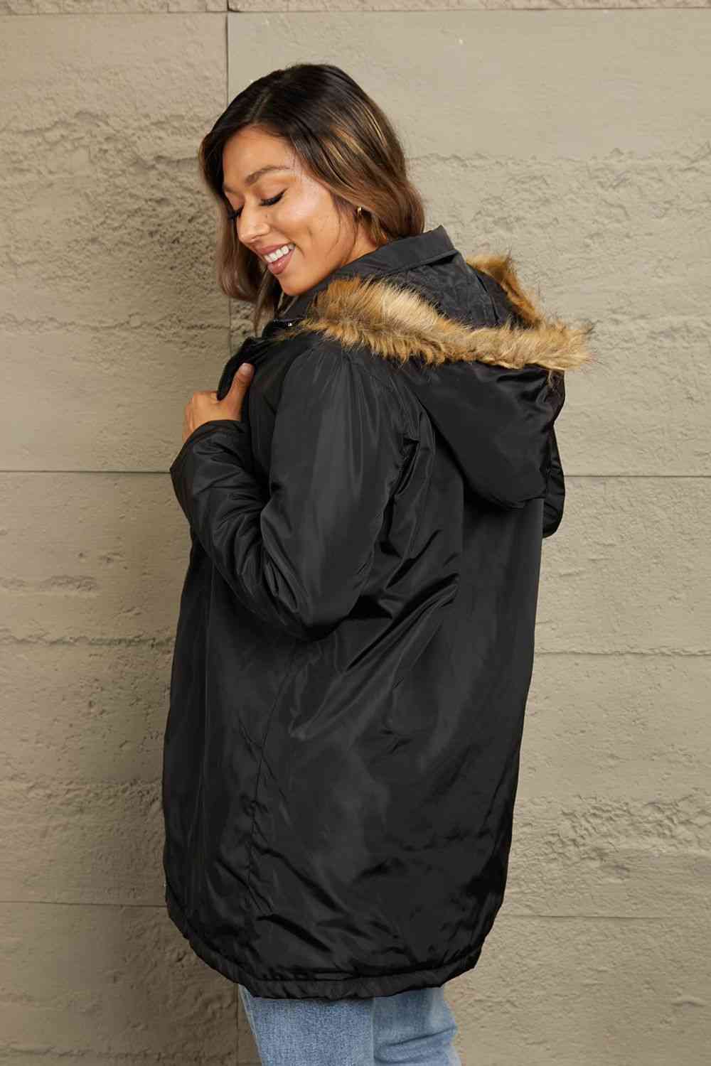 Double Take Faux Fur Trim Hooded Puffer Jacket - Jacket - Black - Bella Bourget