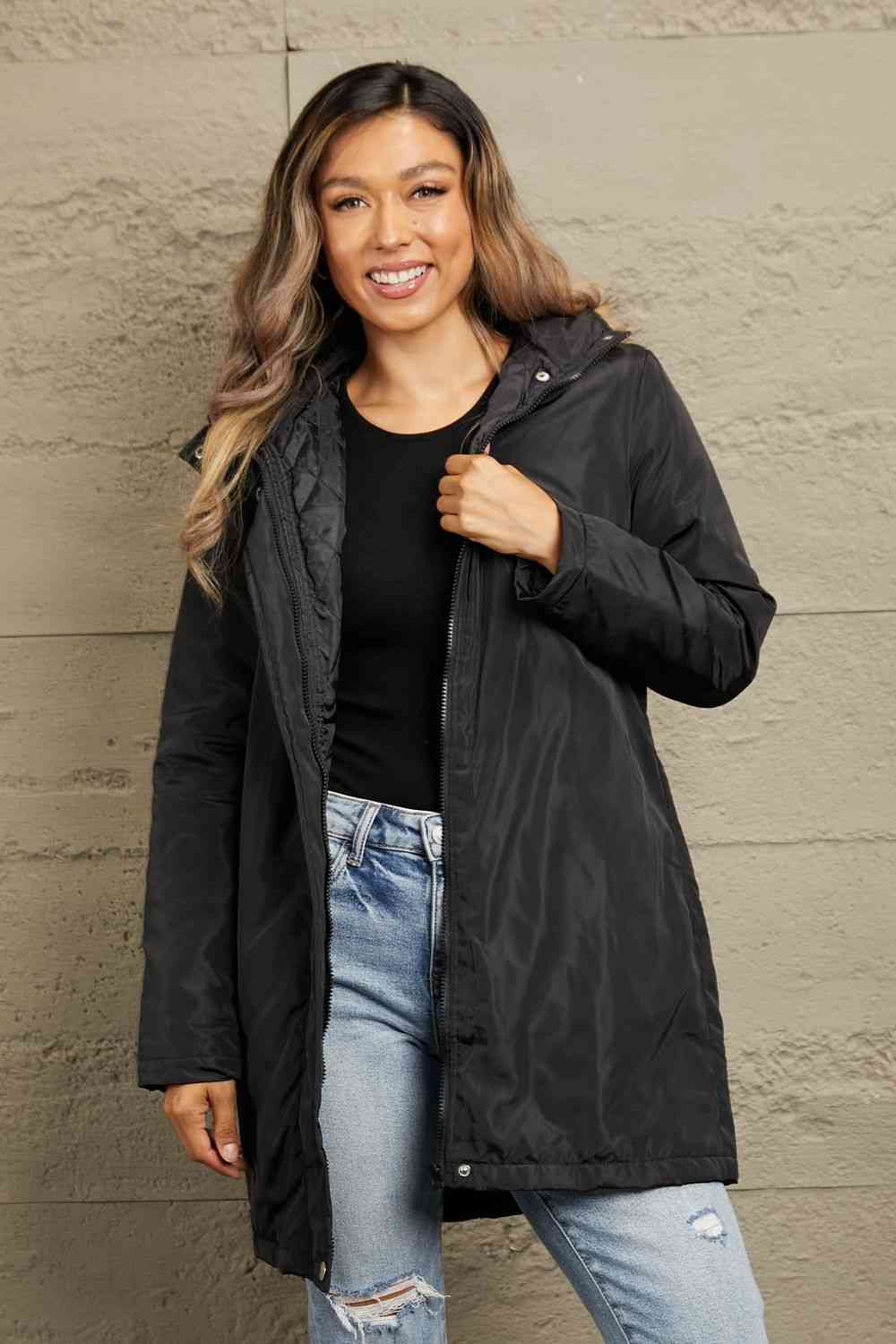 Double Take Faux Fur Trim Hooded Puffer Jacket - Jacket - Black - Bella Bourget