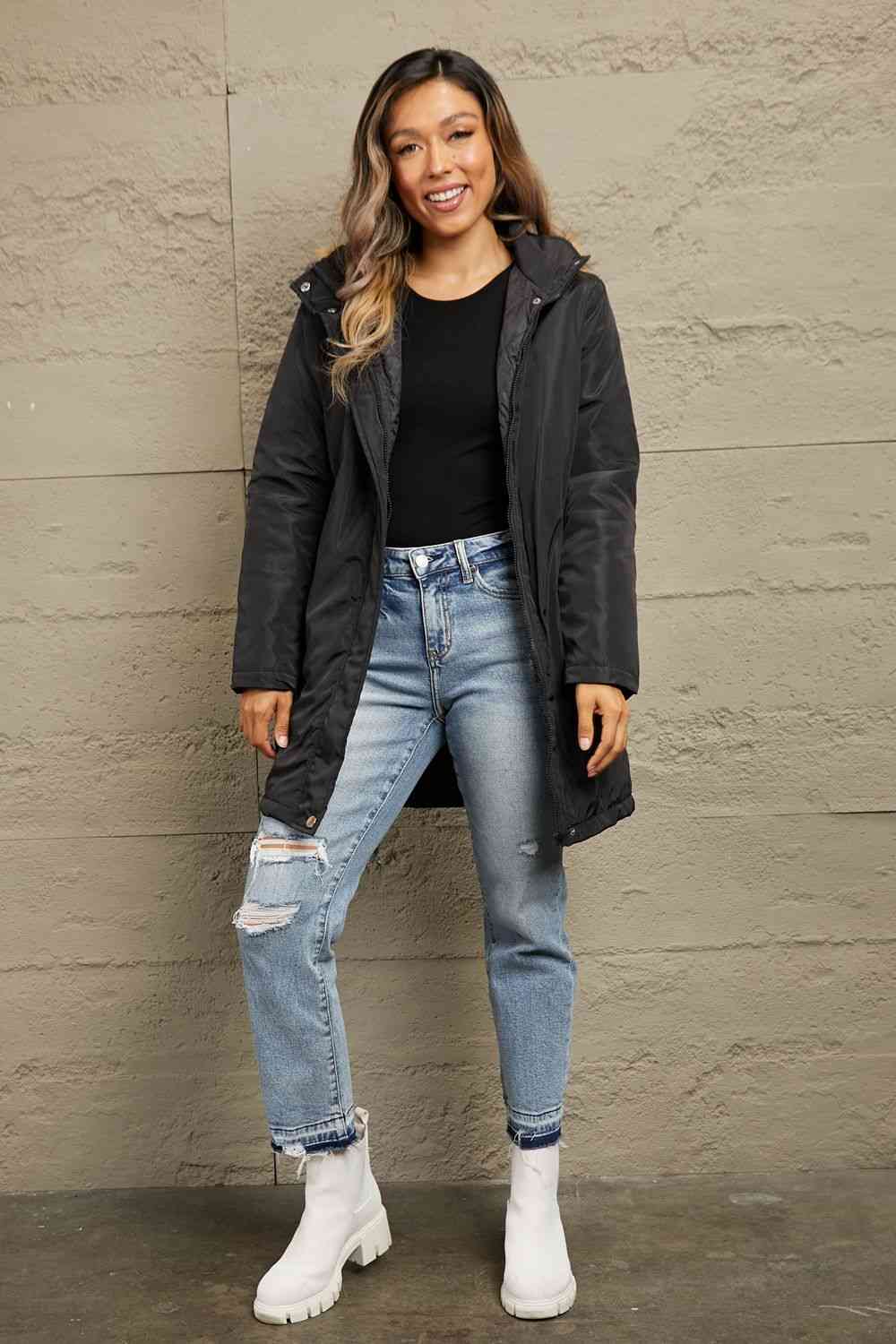 Double Take Faux Fur Trim Hooded Puffer Jacket - Jacket - Black - Bella Bourget