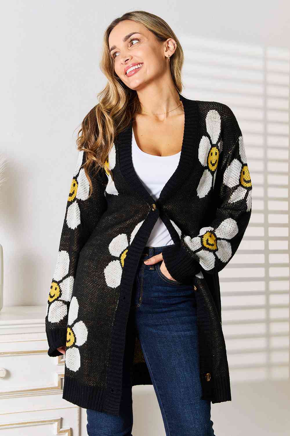 Double Take Floral Button Down Longline Cardigan - Cardigan - Black - Bella Bourget