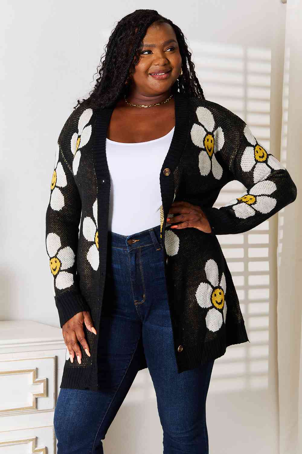 Double Take Floral Button Down Longline Cardigan - Cardigan - Black - Bella Bourget