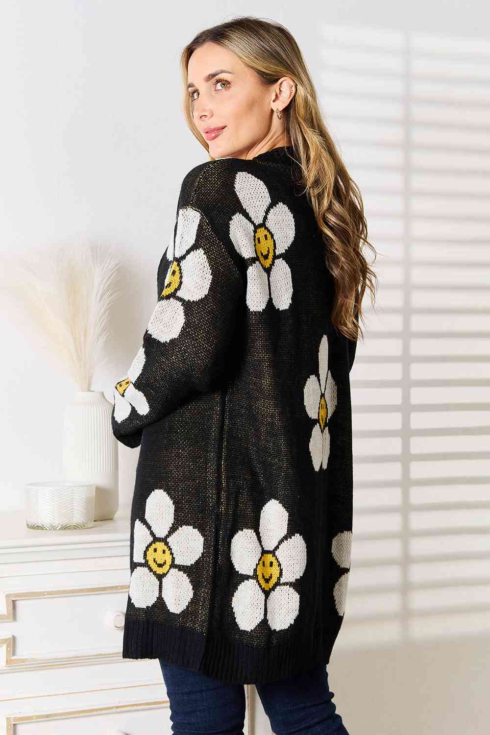 Double Take Floral Button Down Longline Cardigan - Cardigan - Black - Bella Bourget