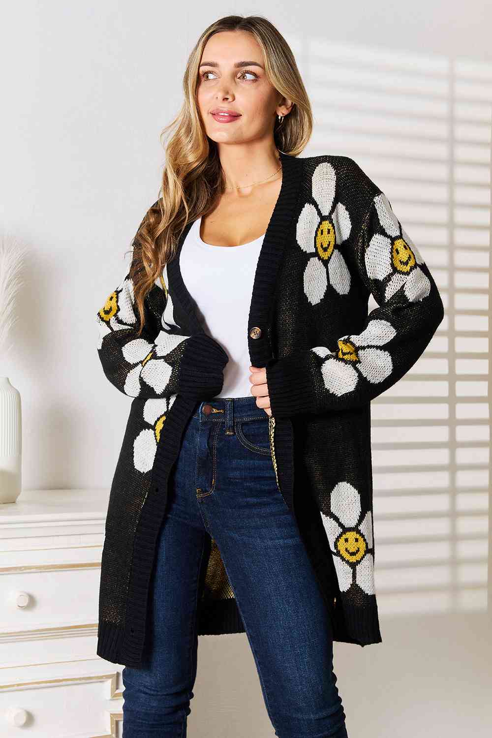 Double Take Floral Button Down Longline Cardigan - Cardigan - Black - Bella Bourget