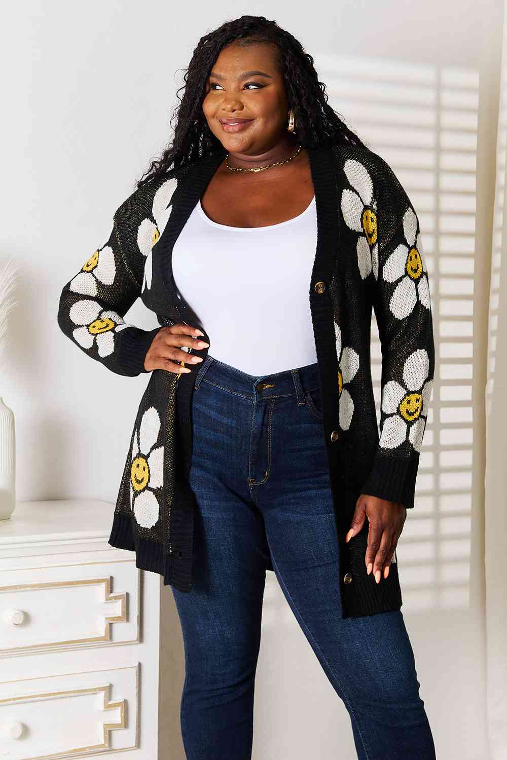 Double Take Floral Button Down Longline Cardigan - Cardigan - Black - Bella Bourget