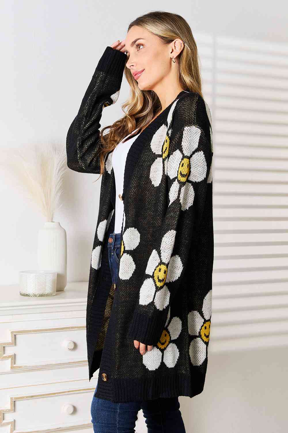 Double Take Floral Button Down Longline Cardigan - Cardigan - Black - Bella Bourget