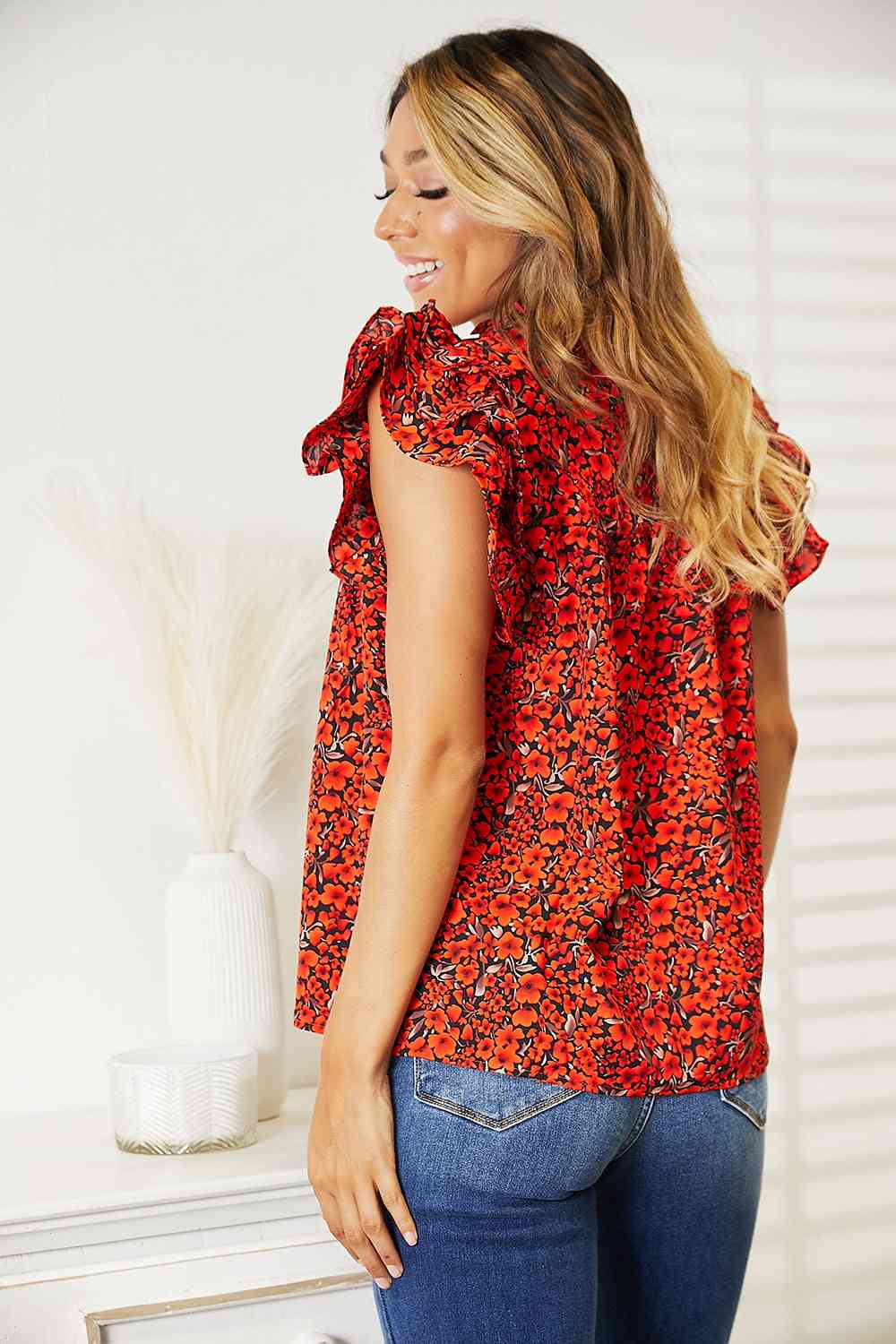 Double Take Floral Flutter Sleeve Notched Neck Blouse - Blouse - Red Orange - Bella Bourget