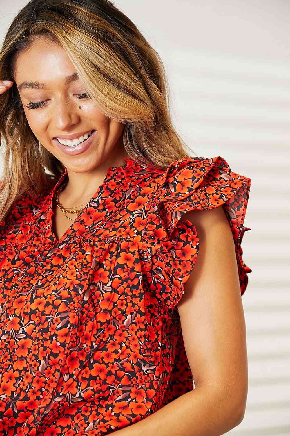 Double Take Floral Flutter Sleeve Notched Neck Blouse - Blouse - Red Orange - Bella Bourget