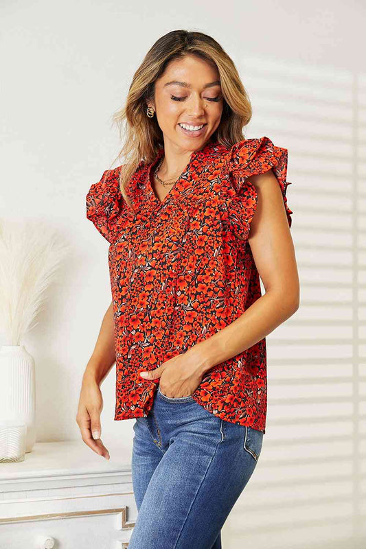 Double Take Floral Flutter Sleeve Notched Neck Blouse - Blouse - Red Orange - Bella Bourget