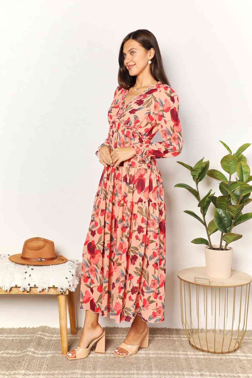 Double Take Floral Frill Trim Flounce Sleeve Plunge Maxi Dress - Dress - Floral - Bella Bourget