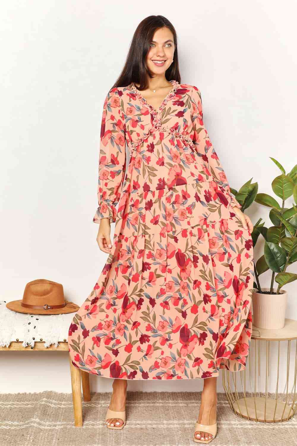 Double Take Floral Frill Trim Flounce Sleeve Plunge Maxi Dress - Dress - Floral - Bella Bourget