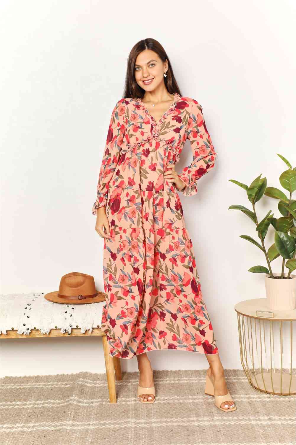 Double Take Floral Frill Trim Flounce Sleeve Plunge Maxi Dress - Dress - Floral - Bella Bourget