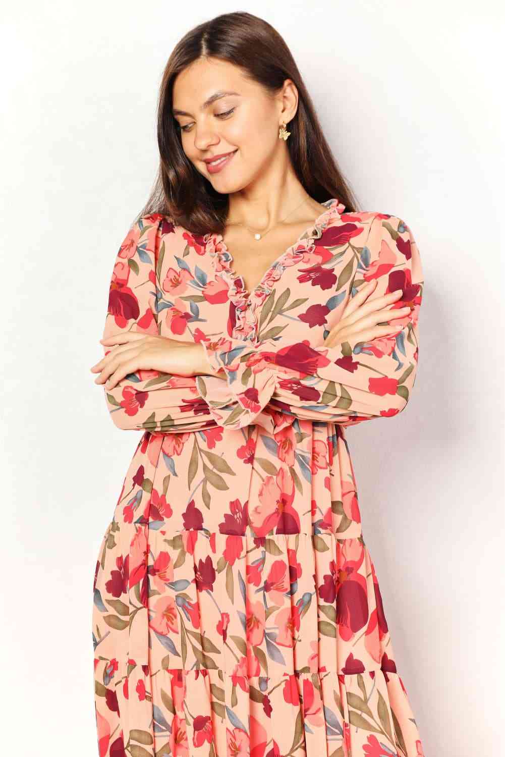 Double Take Floral Frill Trim Flounce Sleeve Plunge Maxi Dress - Dress - Floral - Bella Bourget