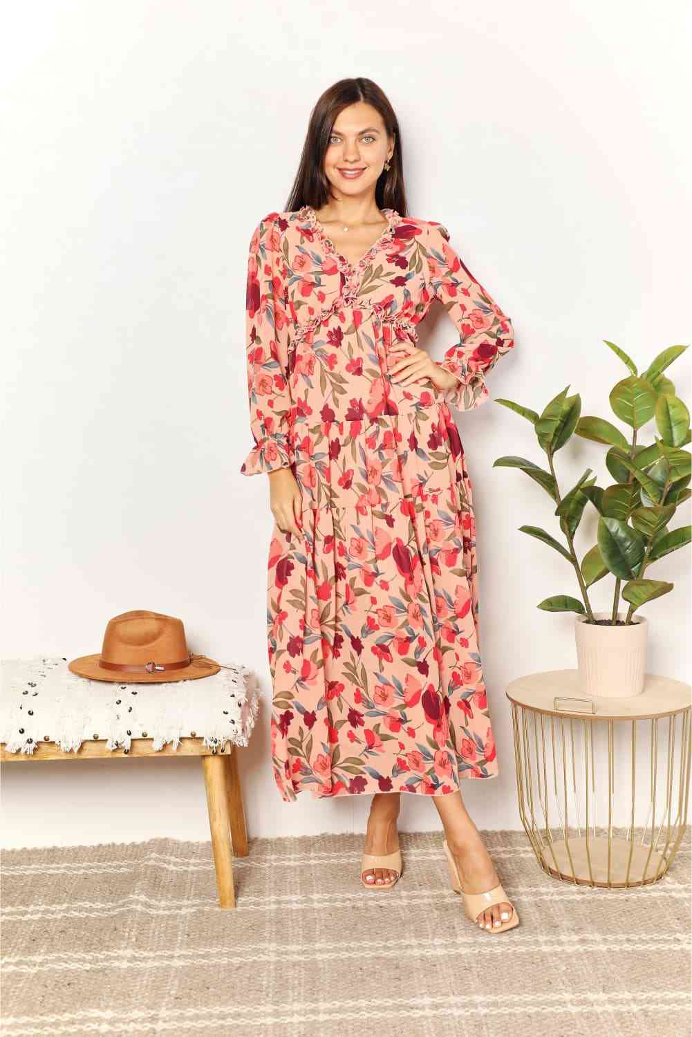 Double Take Floral Frill Trim Flounce Sleeve Plunge Maxi Dress - Dress - Floral - Bella Bourget