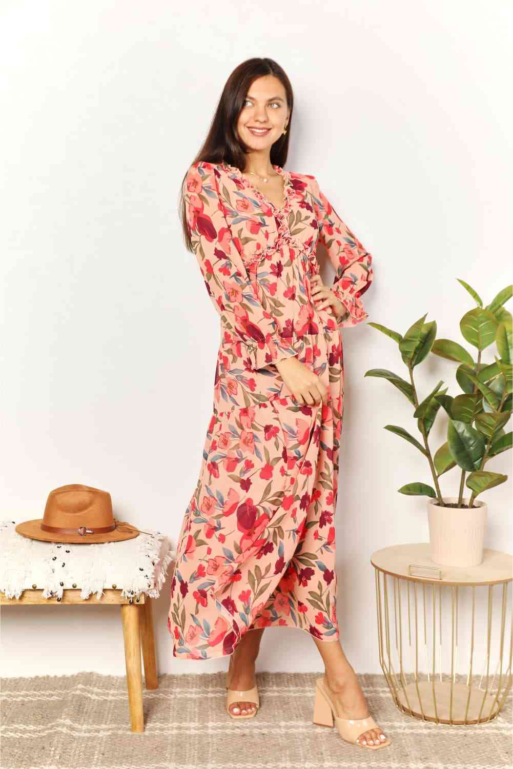 Double Take Floral Frill Trim Flounce Sleeve Plunge Maxi Dress - Dress - Floral - Bella Bourget