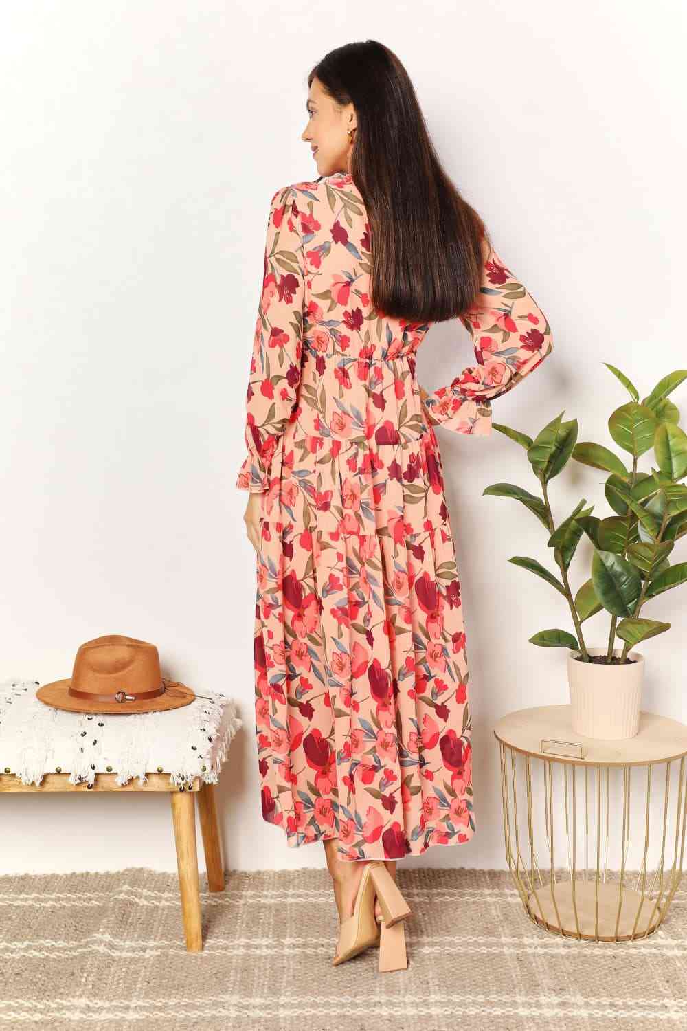 Double Take Floral Frill Trim Flounce Sleeve Plunge Maxi Dress - Dress - Floral - Bella Bourget