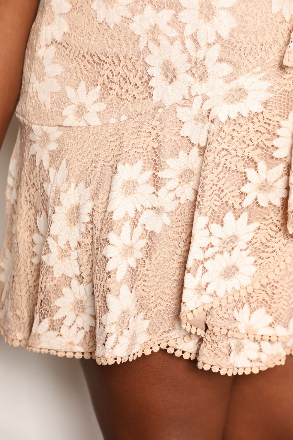 Double Take Floral Lace Pompom Detail Tie - Waist Flutter Sleeve Dress - Dress - Sand - Bella Bourget