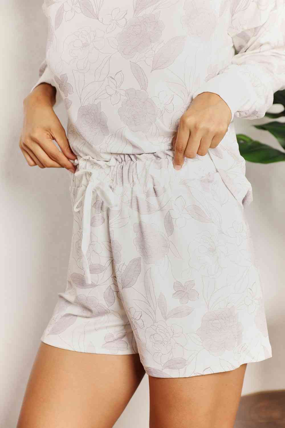 Double Take Floral Long Sleeve Top and Shorts Loungewear Set - Loungewear Set - White - Bella Bourget