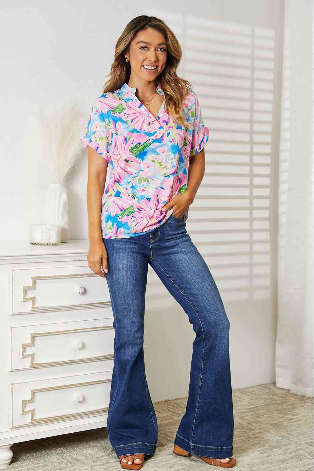 Double Take Floral Notched Neck Short Sleeve Top - Blouse - Multicolor - Bella Bourget