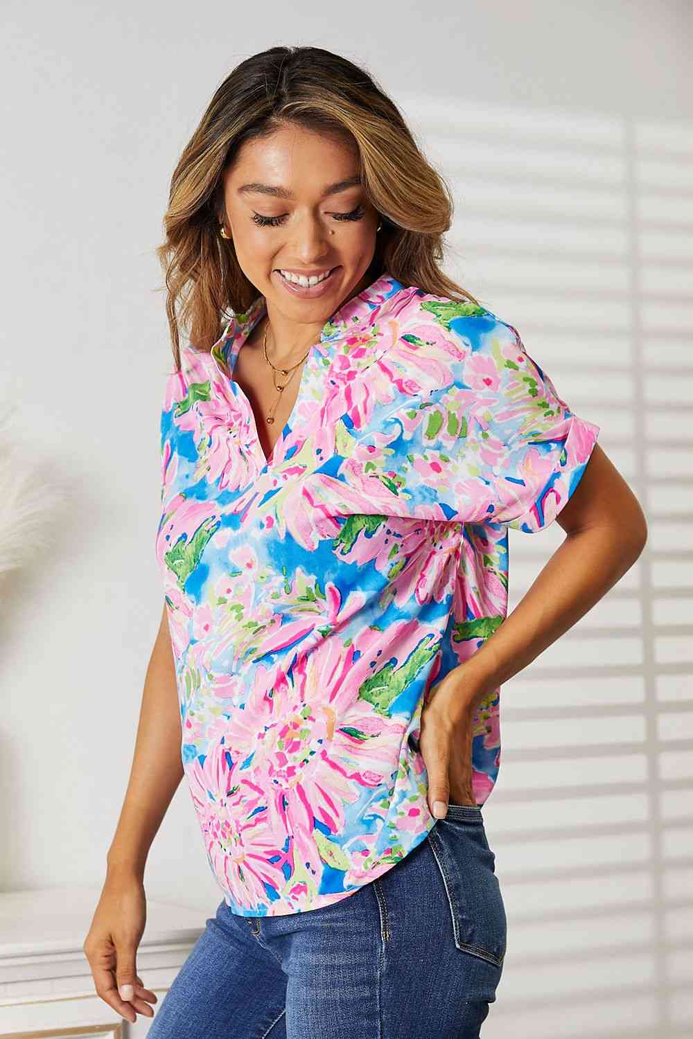 Double Take Floral Notched Neck Short Sleeve Top - Blouse - Multicolor - Bella Bourget