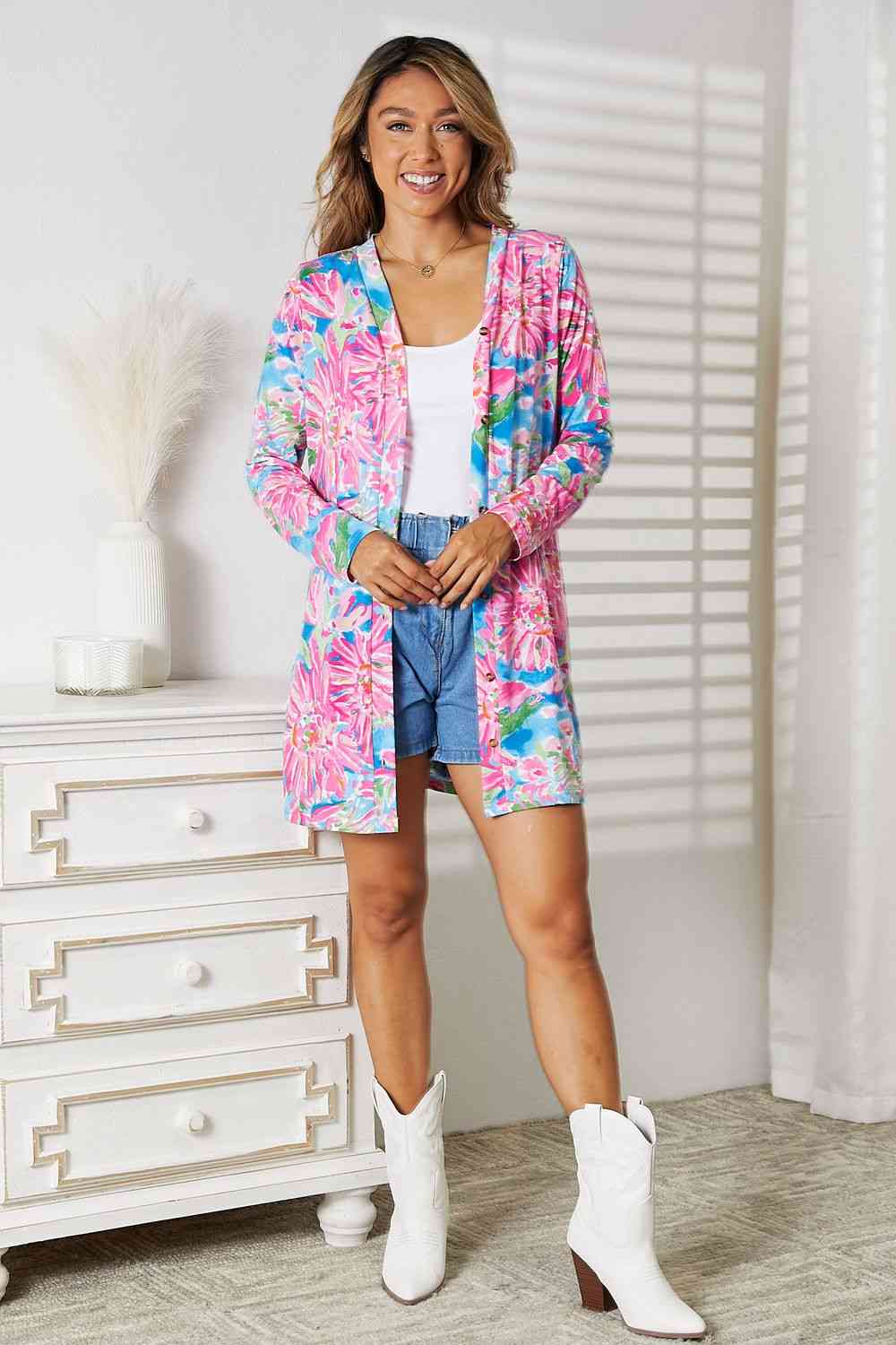 Double Take Floral Open Front Long Sleeve Cardigan - Cardigan - Floral - Bella Bourget