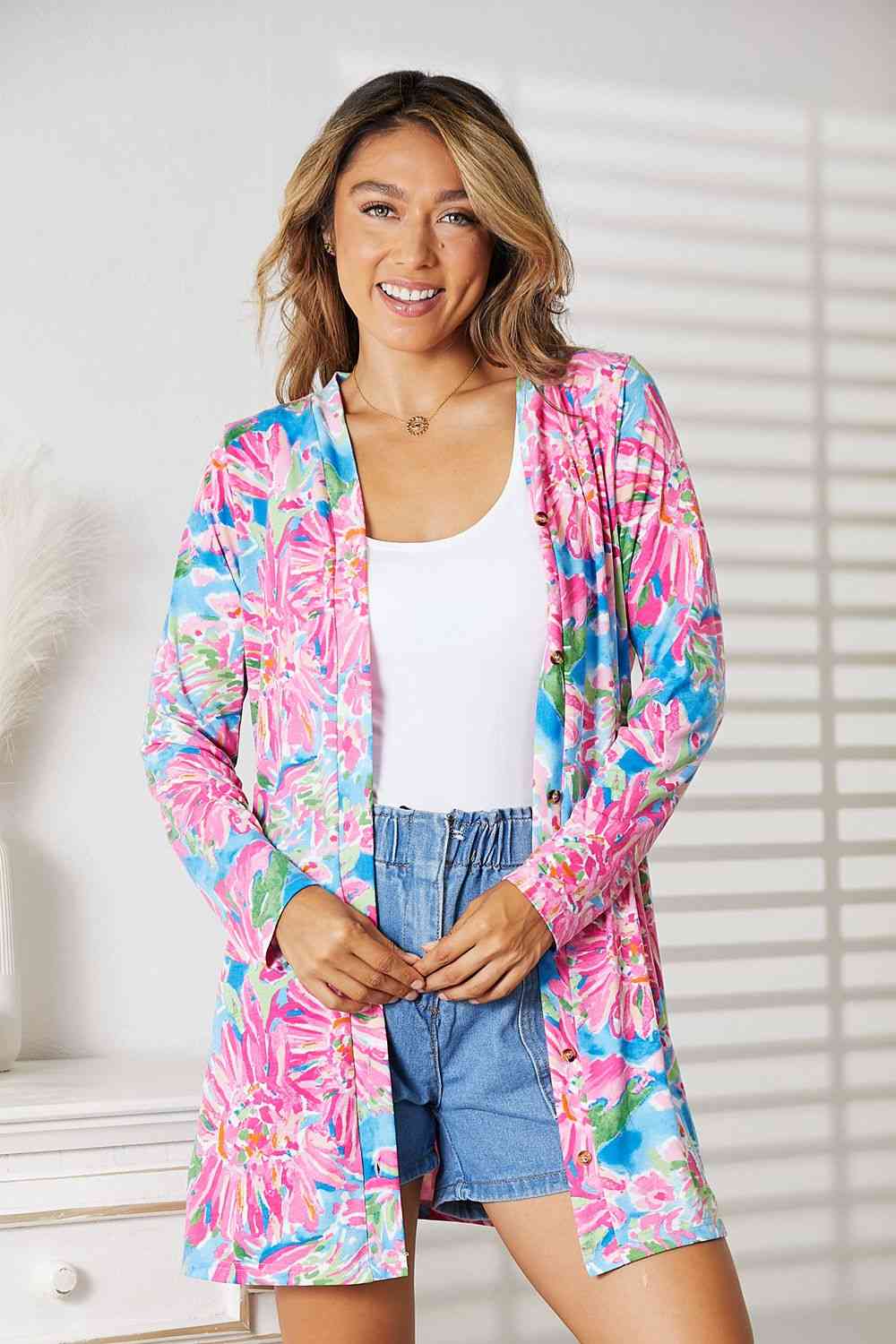 Double Take Floral Open Front Long Sleeve Cardigan - Cardigan - Floral - Bella Bourget