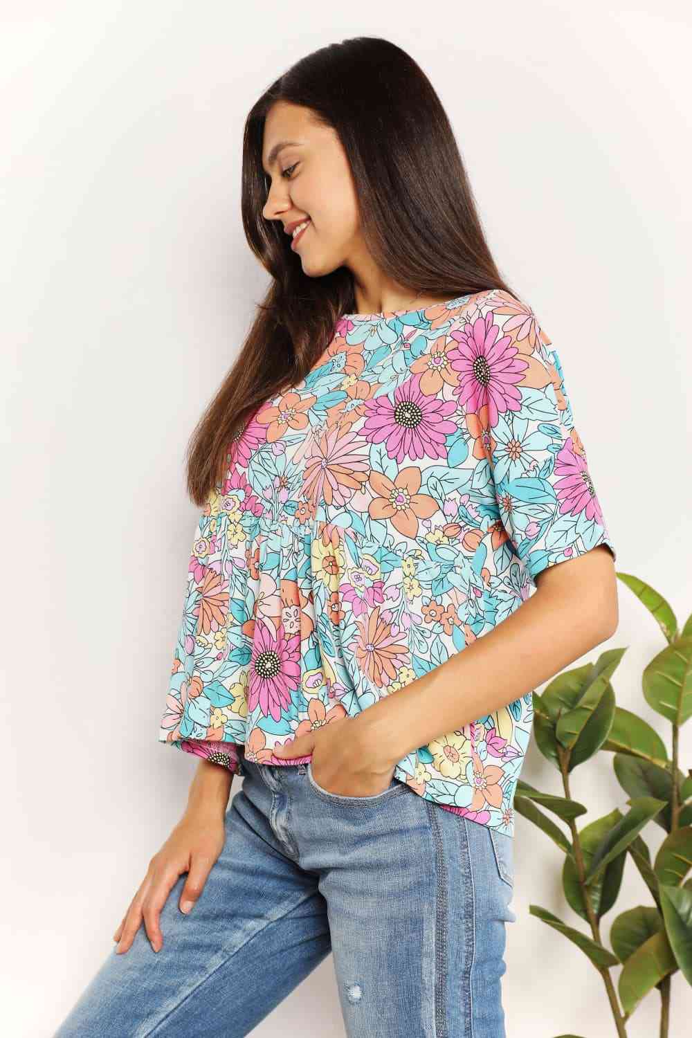 Double Take Floral Round Neck Babydoll Top - Blouse - Floral - Bella Bourget