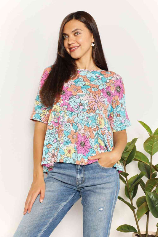 Double Take Floral Round Neck Babydoll Top - Blouse - Floral - Bella Bourget