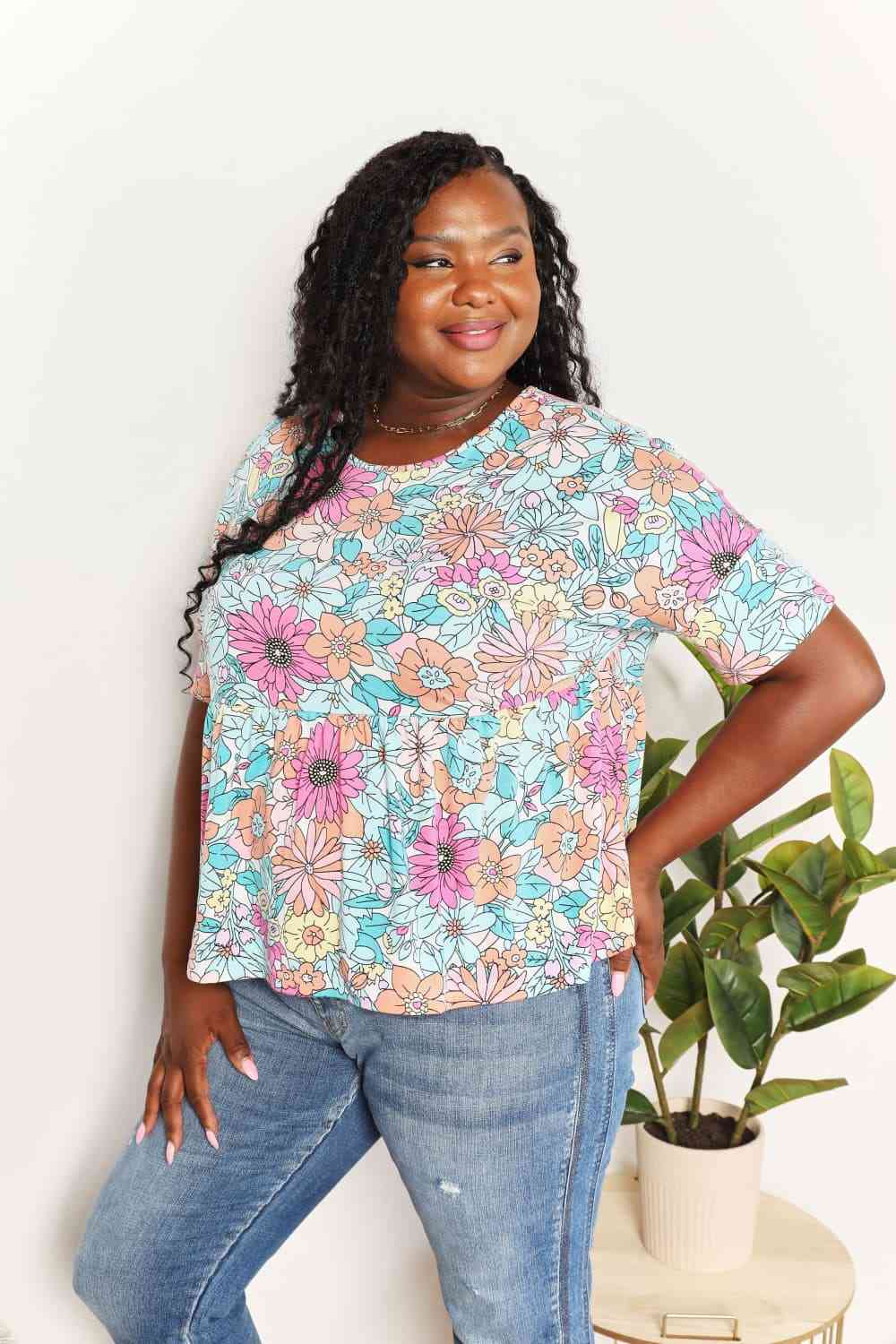 Double Take Floral Round Neck Babydoll Top - Blouse - Floral - Bella Bourget