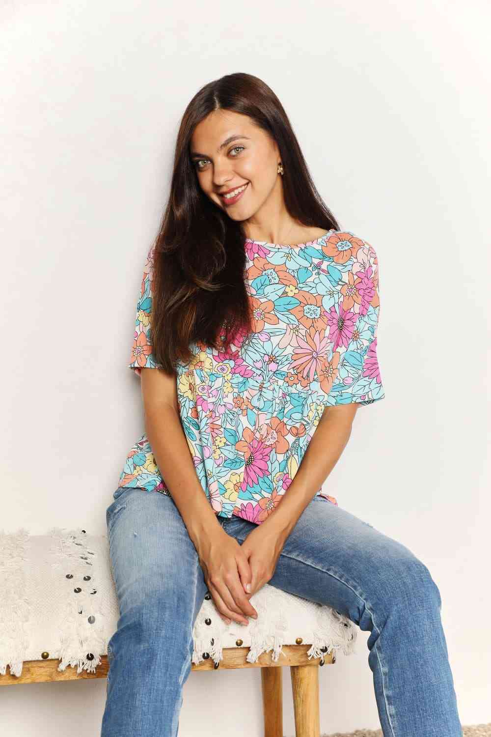 Double Take Floral Round Neck Babydoll Top - Blouse - Floral - Bella Bourget