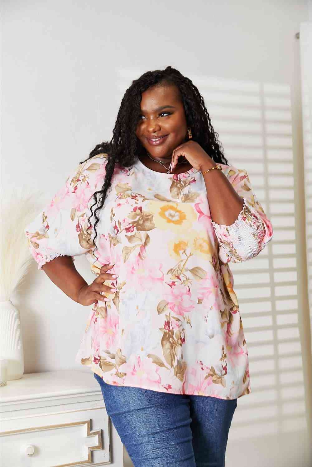 Double Take Floral Round Neck Three - Quarter Sleeve Top - Blouse - Blush Pink - Bella Bourget