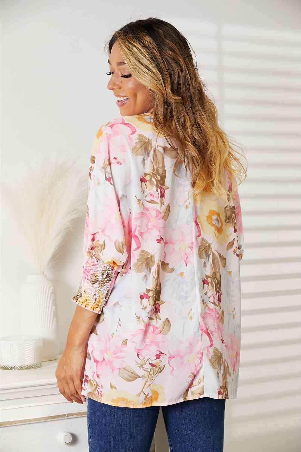 Double Take Floral Round Neck Three - Quarter Sleeve Top - Blouse - Blush Pink - Bella Bourget